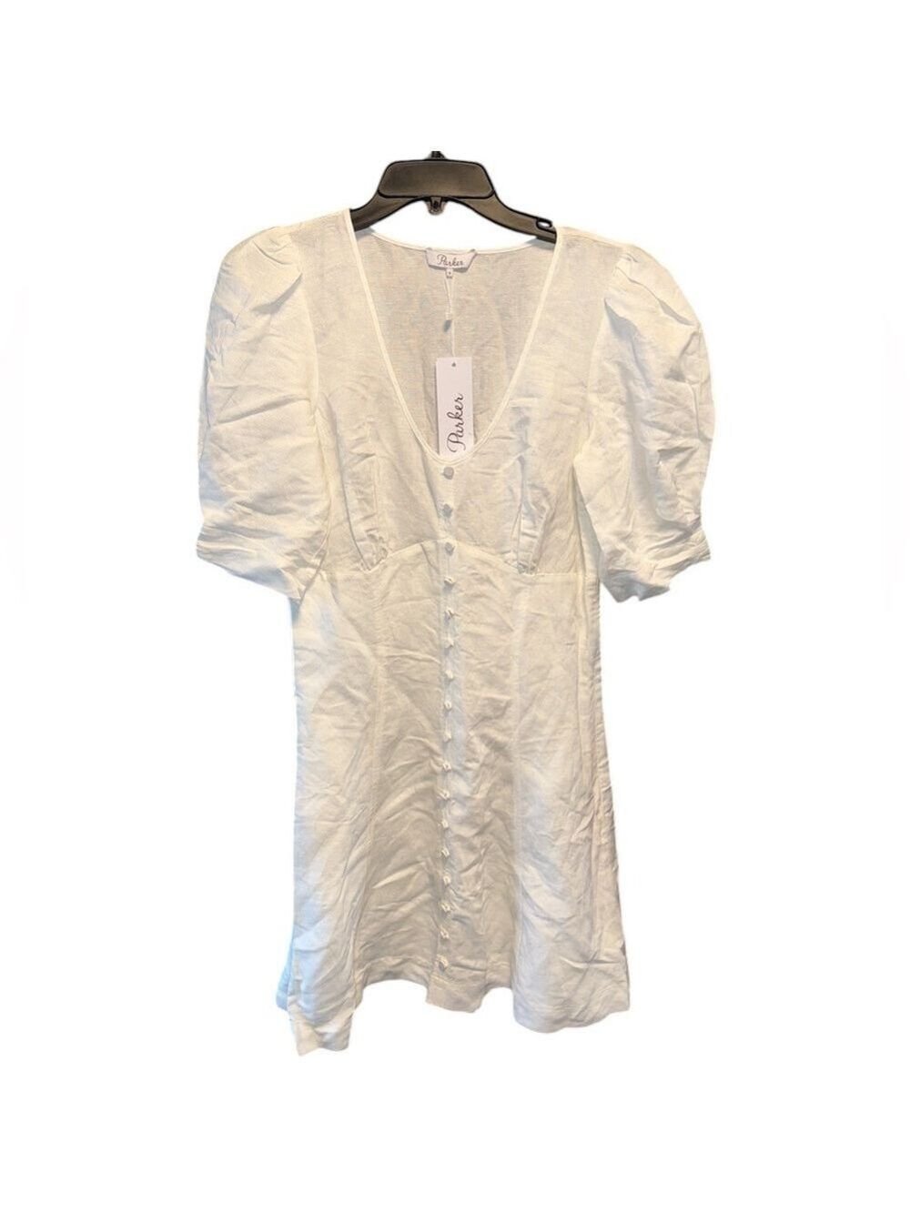 Parker Off White Linen Puff Sleeve Mini Dress Size 8 NWT Ivory - Picture 4 of 10